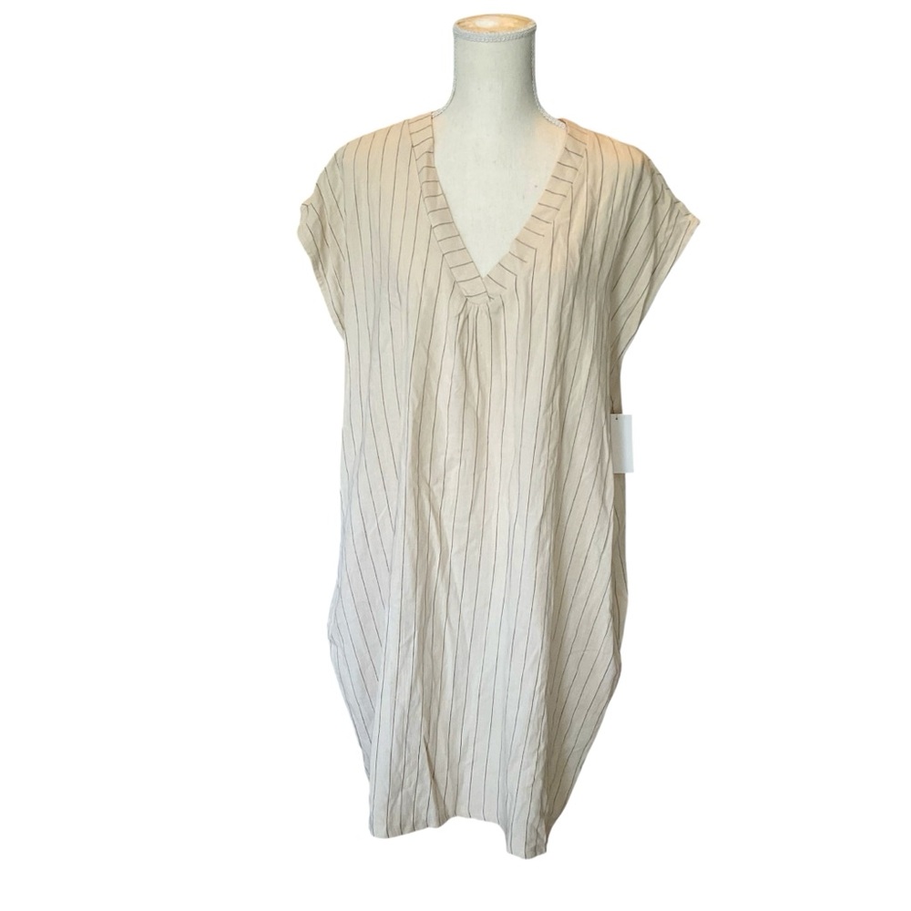 NWT Studio B Beige Striped V-Neck Linen Dress Tunic L